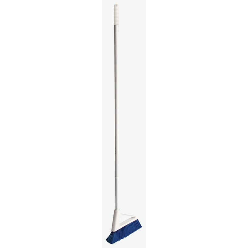 A full-figure image of a Haug Bürsten KG BROSSI BROOM with blue PBT 0.70mm hard bristles and a silver telescopic handle, standing upright against a plain white background.