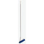 A full-figure image of a Haug Bürsten KG BROSSI BROOM with blue PBT 0.70mm hard bristles and a silver telescopic handle, standing upright against a plain white background.
