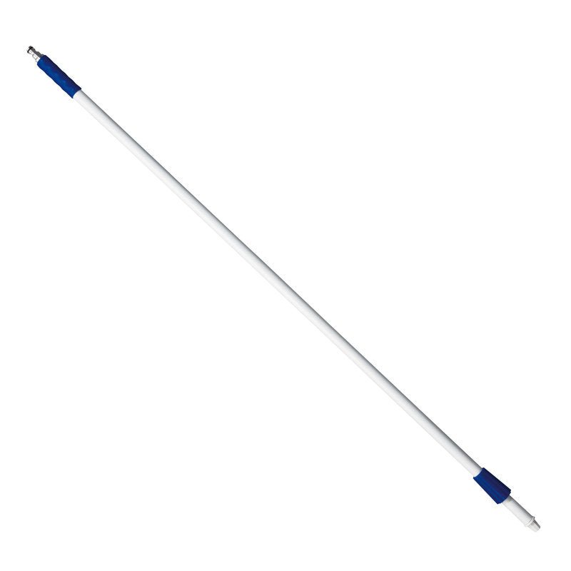 The Haug Bürsten KG FIBERGLASS HANDLE, HOSE CONNECTION 1450MM, FOR GARDENA HOSE CONNECTION is a white fiberglass handle with blue grips and metal tips, with a length of 1450 mm, on a white background.