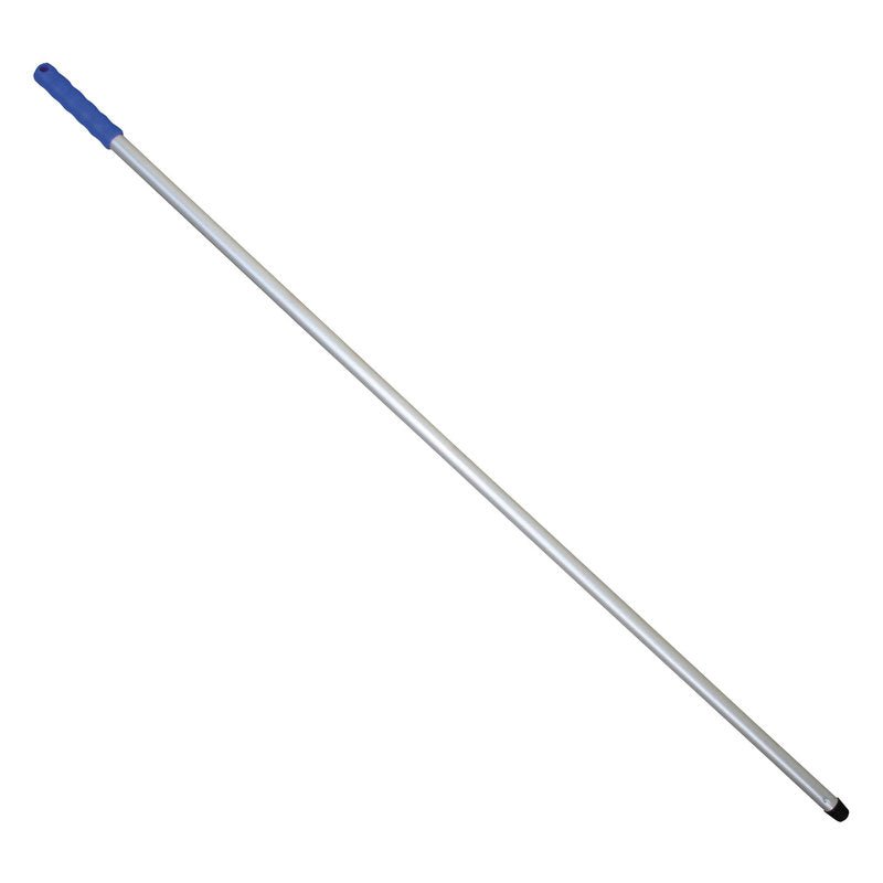 The Haug Bürsten KG ALUSTIEL is a 1400mm long, silver aluminum rod (ø 22mm, wall thickness 1mm) with a blue rubber handle and black cap, depicted on a white background.