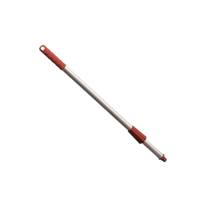 Der Haug Bürsten KG METDECT ALUSTIEL,ELOX.,650MM Mast verfügt über eloxiertes Aluminium, rote OXIDROTE-Kunststoffkappen und eine Überwurfmutter, abgebildet vor einem weißen Hintergrund.