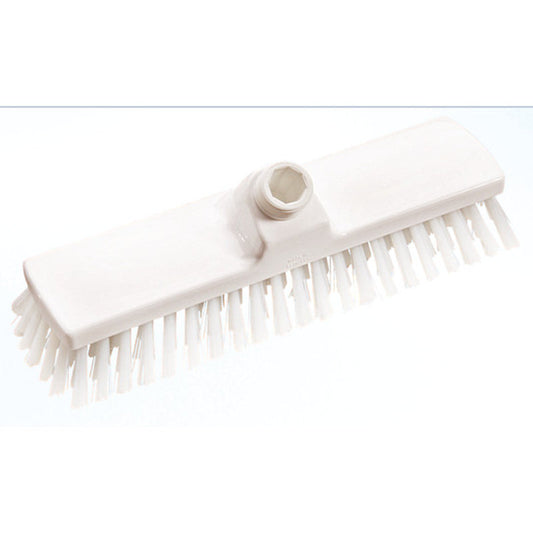 Ein weißer Haug Bürsten KG Haug Besen Schrubberkopf (PBT, ø 0,50mm mittel, 300x70x40mm) mit steifen Borsten und einem zentralen Gewindeloch zur Befestigung des Stiels, abgebildet auf einem schlichten weißen Hintergrund.