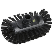 Die ESD KESSELBÜRSTE,NYL6.0SCHWARZ ø0,50MM HART,200X125X35MM von Haug Bürsten KG ist eine ovale, schwarze Reinigungsbürste mit dichten, steifen Borsten und einem zentralen Gewindeloch zur Befestigung des Stiels, dargestellt auf weißem Hintergrund.