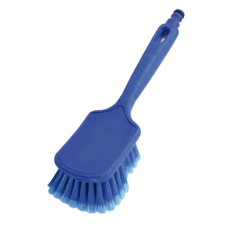 The Haug Bürsten KG SCRUB BRUSH WITH SHORT HANDLE, WATER FLOW, PBT BLUE has stiff blue PBT bristles, a rectangular head, a short handle with a hanging hole, and is pictured on a white background.