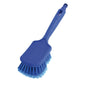 The Haug Bürsten KG SCRUB BRUSH WITH SHORT HANDLE, WATER FLOW, PBT BLUE has stiff blue PBT bristles, a rectangular head, a short handle with a hanging hole, and is pictured on a white background.