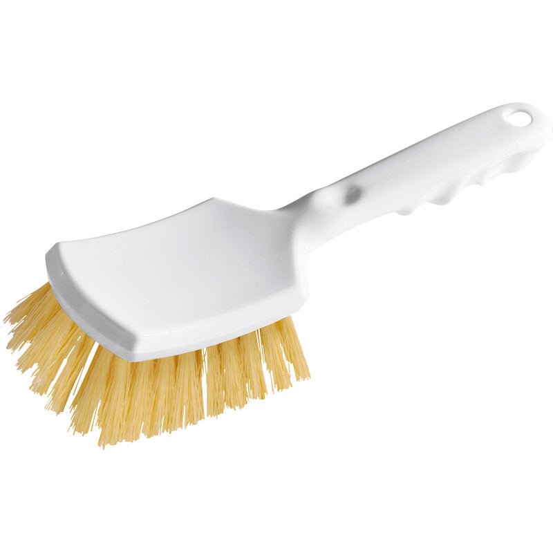 The RIM AND TIRE BRUSH HARD WHITE SHORT HANDLE from Haug Bürsten KG is a white plastic wheel brush with beige bristles, a textured handle with a hanging hole, and an angled rectangular head for effective brake dust removal.