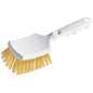 The RIM AND TIRE BRUSH HARD WHITE SHORT HANDLE from Haug Bürsten KG is a white plastic wheel brush with beige bristles, a textured handle with a hanging hole, and an angled rectangular head for effective brake dust removal.