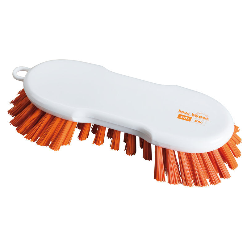 The ANTI BAC WASH BRUSH ROUND PBT ORANGE, ø 0.50MM HARD from Haug Bürsten KG is a round, orange hand brush with hard bristles and a small hanging loop for hygienic cleaning, depicted on a simple white background.