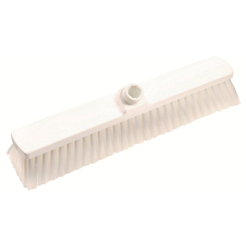 The LARGE AREA BROOM of Haug Bürsten KG features soft, closed PBT bristles (ø 0.25 mm) and measures 400x60x50mm, with a central plastic holder for the handle. Depicted diagonally on a white background, it is ideal for floor cleaning.