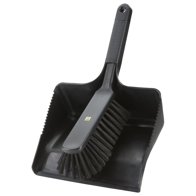 The Haug Bürsten KG ESD DUSTPAN SET, PA6, ø0.30mm soft, black (350x222x110mm) features a matching brush with stiff bristles and a ribbed handle, as well as a dustpan with serrated edges - ideal for antistatic cleaning in sensitive areas.