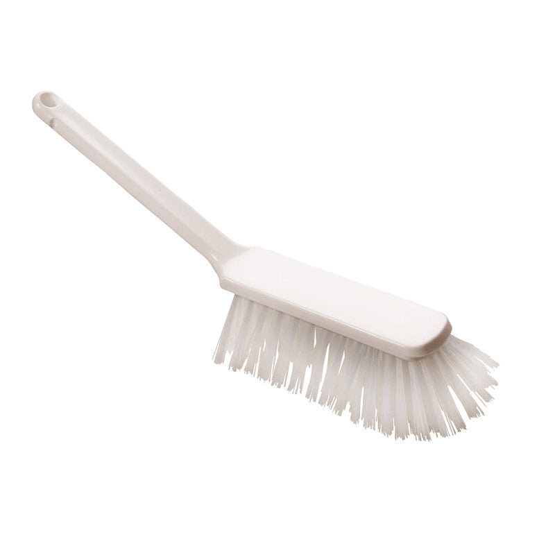 A white plastic HAND BRUSH, PBT, ø 0.50MM HARD, 310x40x45MM from Haug Bürsten KG with a long handle and stiff bristles, isolated on a plain white background.