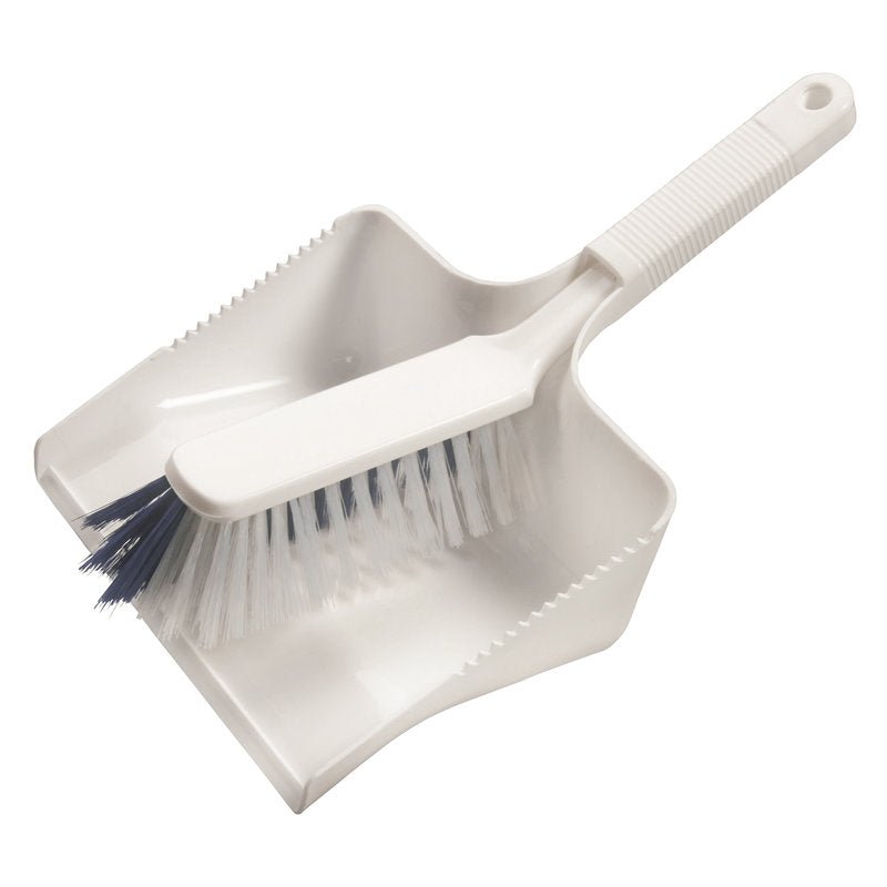 The KEHRGARN.,PBT UNSLIT, ø 0.50/0.25MM 350X222X110MM from Haug Bürsten KG offers a white plastic set with matching brush and dustpan - durable design for efficient floor cleaning, with white bristles in a dark setting.