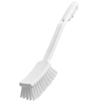 The HANDLE BRUSH, PBT HARD 400X48X35MM from Haug Bürsten KG is a white plastic cleaning brush with stiff PBT bristles, an angled handle with finger grooves, a hanging hole, and rectangularly arranged bristles.