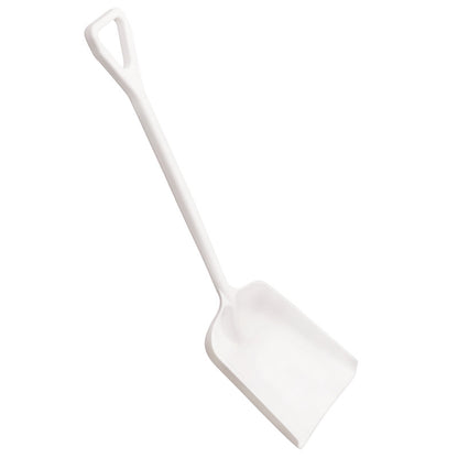 Die SCHAUFEL, GROß, EINTEILIG, PP (400x340x1110mm) von Haug Bürsten KG ist eine robuste weiße Kunststoffschaufel mit rechteckiger Schaufel und dreieckigem Stiel, ideal für Gartenarbeiten und auf einem schlichten weißen Hintergrund dargestellt.