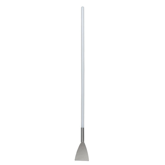 The SPATULA WITH A LONG HANDLE, STAINLESS STEEL, HANDLE PA, 1130X100X15 from Haug Bürsten KG features a white handle and a flat, triangular blade made of stainless steel—an indispensable drywall tool for precise work, pictured against a plain white background.