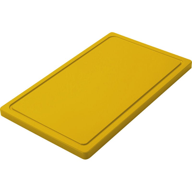 A rectangular yellow SMALL CUTTING BOARD (500x300x20mm, PE, non-slip) from Haug Bürsten KG is shown against a white background. It features a groove near the edge for additional functionality.