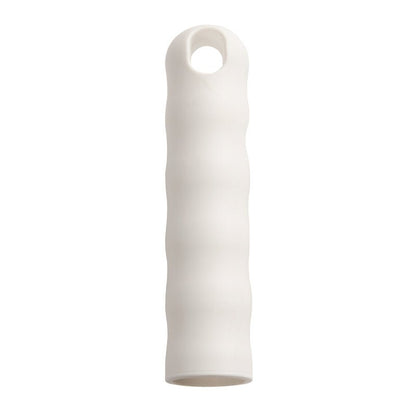 The Haug Bürsten KG HANGING CAP FOR ALL HANDLES M.OUTER-ø 25MM is a white, cylindrical cap measuring 125xø30mm with a wavy surface, an open bottom, and a small round hole near the top for storage or hanging.