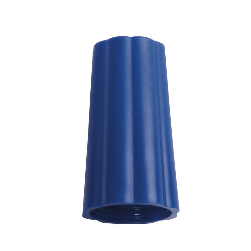 A blue plastic connector with a ribbed, conical shape and a hollow bottom, similar to the Haug Bürsten KG OVERNUT OUTSIDE-ø 25MM BLUE(BENETTON) 74Xø 42MM.
