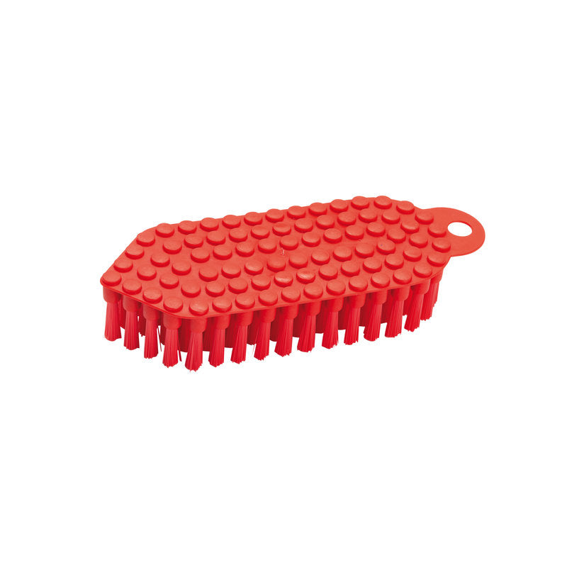 A red Haug Bürsten KG FLEXO-BRUSH, PBT ø 0.35MM MEDIUM (190x70x25 mm) cleaning brush with stiff bristles and a handle with a textured, raised dot pattern on the top as well as a hole for hanging.