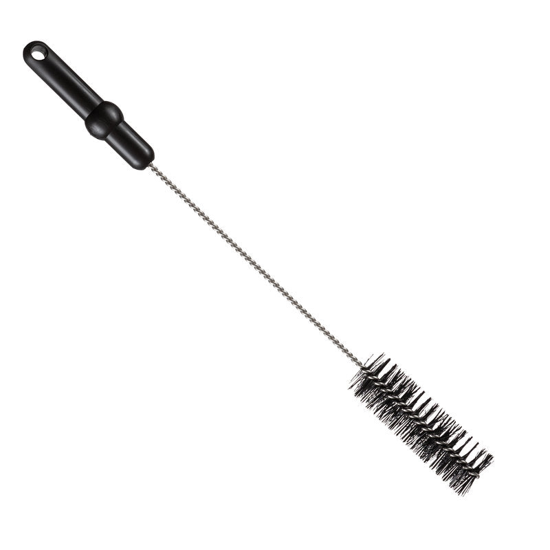 Tá láimhseáil phlaisteach dhubh, seafta miotail casta agus brístí sorcóireacha dubha dlúth ag ROHRBÜRSTE, ø 0,50MM MITTEL, 500Xø40MM ó Haug Bürsten KG - iontach mar scuab ghlantacháin píobáin. Léirithe aonraithe ar chúlra bán.