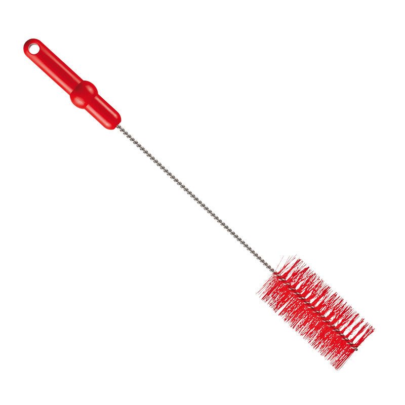 The PIPE BRUSH, ø 0.50MM MEDIUM 500Xø 60MM from Haug Bürsten KG has a twisted metal handle, stiff red bristles, and a cylindrical brush head - ideal for pipe cleaning; shown isolated on a white background.