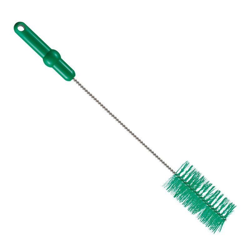 The PIPE BRUSH ø 0.50MM MEDIUM 500Xø 60MM from Haug Bürsten KG has a green handle with a hanging hole, a long metal stem, and cylindrical 50mm bristles - perfect for pipe cleaning.