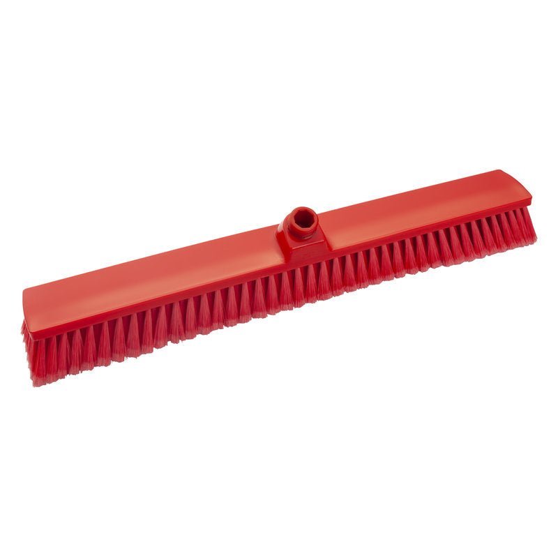 The LARGE AREA BROOM, PBT RED from Haug Bürsten KG features soft, closed PBT bristles (ø 0.25mm) and a central handle holder. With dimensions of 600x72x50mm, it is ideal for cleaning large areas with its evenly distributed, rectangular broom head.