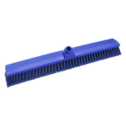 The Haug Bürsten KG LARGE AREA BROOM, SOFT, 600x72x50mm features soft bristles and a central handle hole, ideal for versatile cleaning tasks; shown here in blue against a white background.