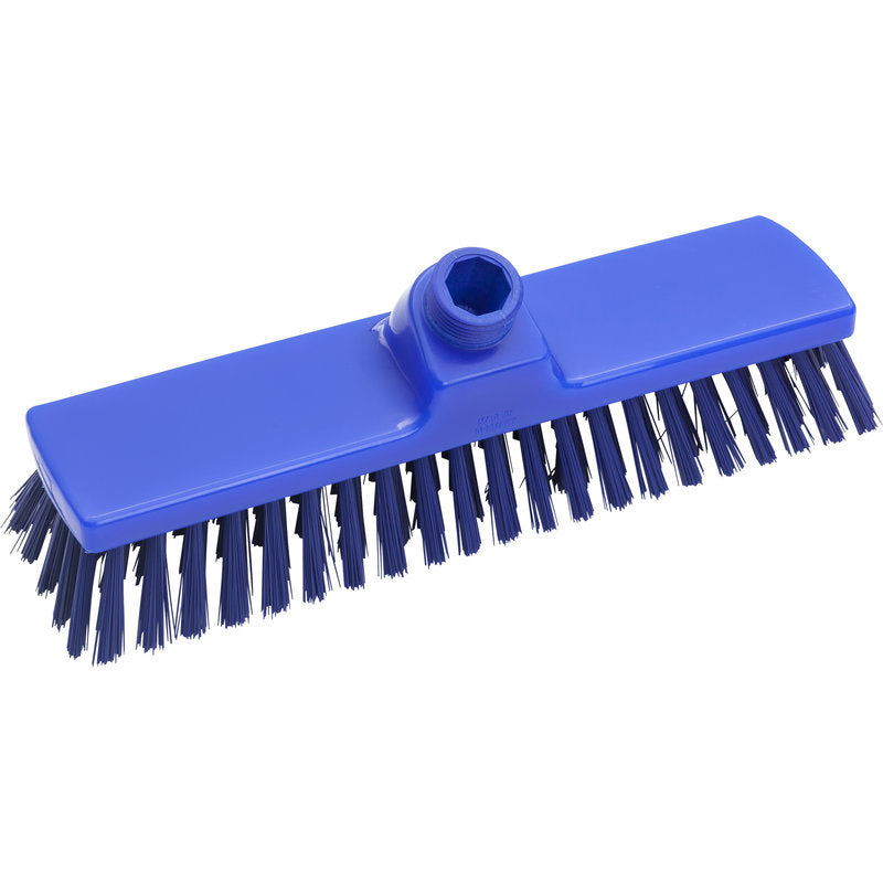 The BROOM, PBT, ø 0.50MM MEDIUM, 300X70X40MM from Haug Bürsten KG is a blue rectangular broom head with robust PBT bristles and an angled base - ideal as a versatile cleaning tool on a white background.