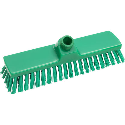 The BROOM, PBT, ø 0.50MM MEDIUM, 300X70X40MM from Haug Bürsten KG is a green plastic broom with stiff PBT bristles and a central socket, ideal for heavy scrubbing and cleaning tasks.