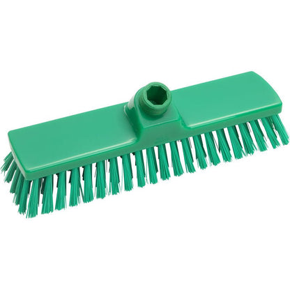 The Haug broom scrubbing head of Haug Bürsten KG features stiff 0.50 mm PBT bristles in rows on a 300 x 70 x 40 mm rectangular plastic head with a central hole for handle attachment.