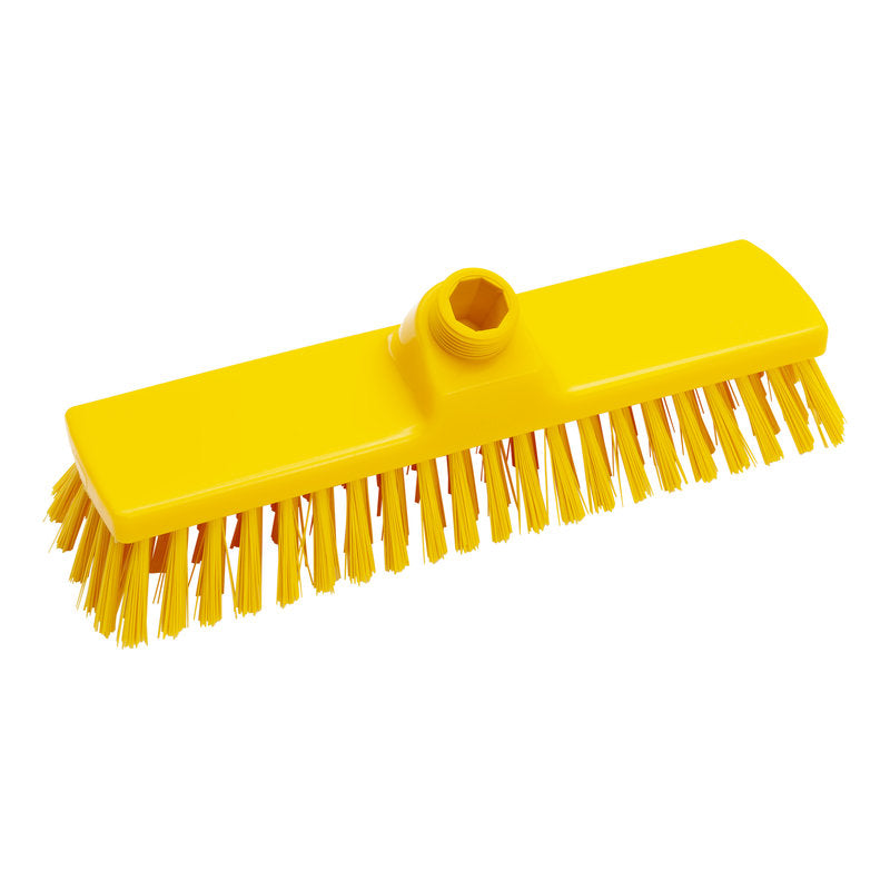 The BROOMS from Haug Bürsten KG feature stiff 0.50 mm PBT bristles, a yellow head measuring 300 x 70 x 40 mm, and an angled connector for handle attachment - ideal for heavy cleaning tasks.