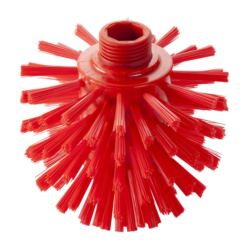 The WOLFBÜRSTE ø 0.50 HARD 135 x ø120 mm from Haug Bürsten KG is a red, round scrubbing head with stiff, outward-facing bristles and a threaded bore, ideal for tough industrial cleaning tasks.