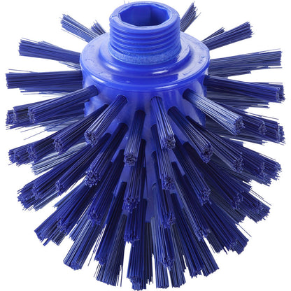 A close-up of the Haug Bürsten KG WOLFBÜRSTE, ø 0.50 HARD (135 x ø 120 mm), shows the round blue head with stiff, radially outward bristles and a threaded attachment at the tip.