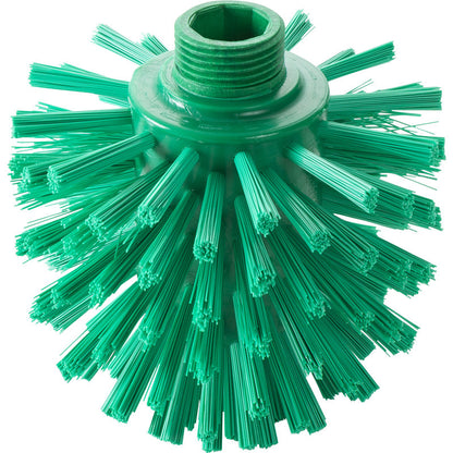 The WOLFBÜRSTE, ø 0.50 HARD, 135 x ø 120 mm from Haug Bürsten KG is a green round brush head with stiff plastic bristles and a threaded bore - perfect as an industrial cleaning brush for tough tasks.