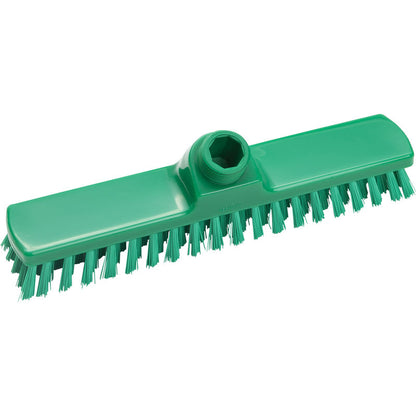 The WIPER, ø 0.50 MM HARD, 280X50X26 MM from Haug Bürsten KG is a green plastic scrubber head with stiff bristles and a handle attachment. The rectangular shape and double bristle rows make it perfect for cleaning tasks in the household.