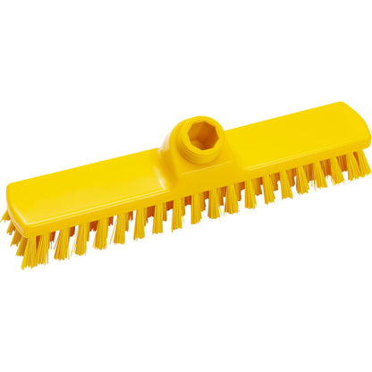 The WIPER, ø 0.50 MM HARD, 280X50X26 MM from Haug Bürsten KG is a yellow, rectangular brush head with stiff bristles and a central socket for handle attachment, ideal for household cleaning. Pictured clean on a white background.