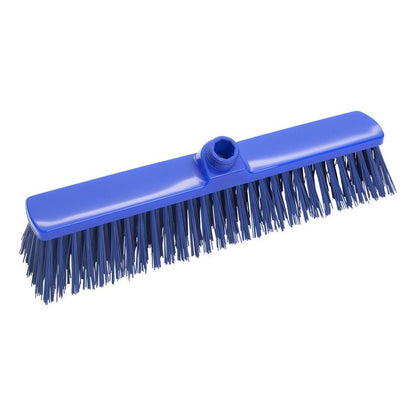The LARGE AREA BROOM, HARD 400X60X65M from Haug Bürsten KG is a blue plastic broom head with hard bristles and a central threaded hole for handles, ideal for large areas. The product is depicted on a white background.