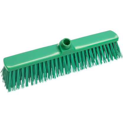 The LARGE AREA BROOM, HARD 400X60X65M from Haug Bürsten KG features stiff, straight bristles and a central handle hole. It is depicted in green on a white background and is ideal for sweeping large areas.