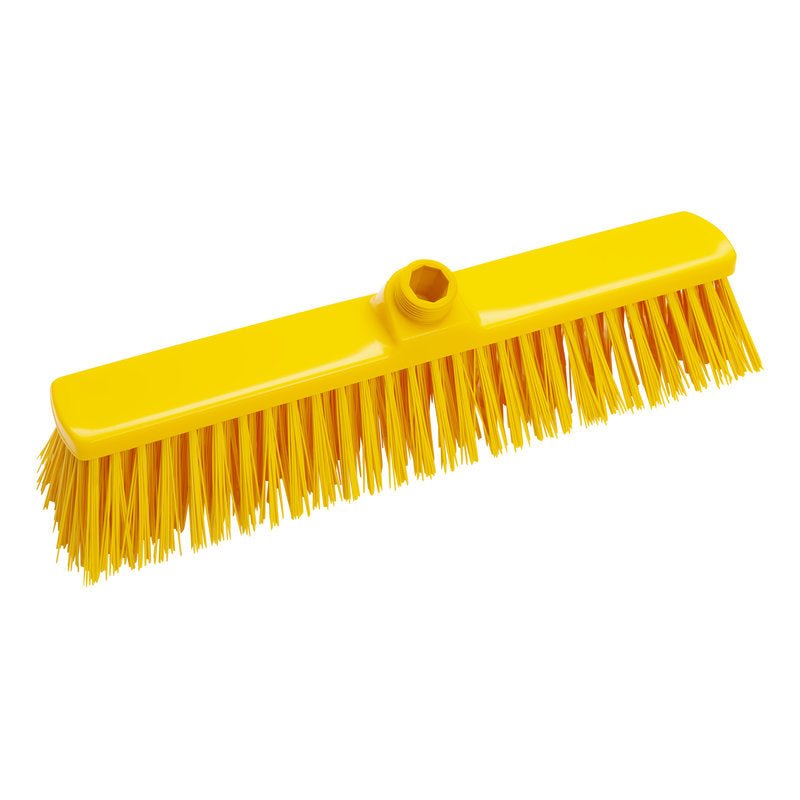 The LARGE AREA BROOM, HARD 400X60X65M from Haug Bürsten KG is a yellow broom head with stiff bristles and a central handle hole, ideal for large areas, depicted on a white background.