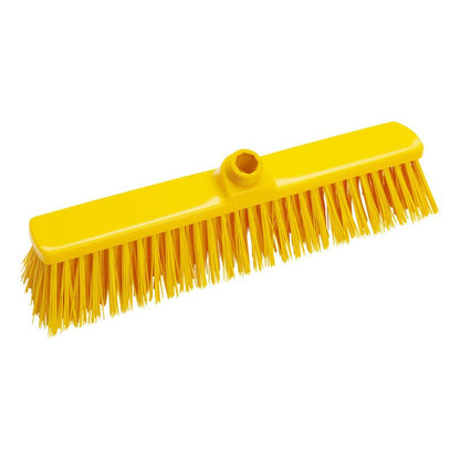 The LARGE AREA BROOM, HARD 400X60X65M from Haug Bürsten KG is a yellow broom head with stiff bristles and a central handle hole, ideal for large areas, depicted on a white background.