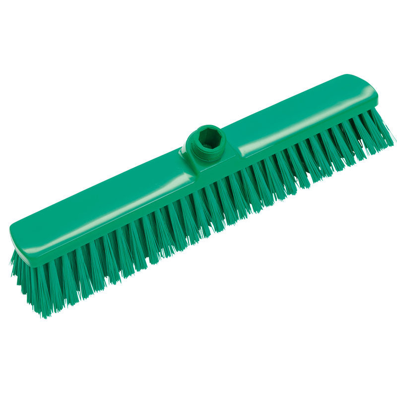Der GROßRAUMBESEN, 400X60X50MM von Haug Bürsten KG ist ein grüner Besenkopf mit steifen, geraden Borsten und zentraler Stielöffnung - ideal zum Kehren großer Flächen und für die Bodenreinigung geeignet.