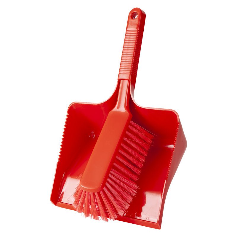 The DUSTPAN SET, SOFT, 350MM from Haug Bürsten KG consists of a red plastic set with a ribbed handle shell and a matching brush inside; the 350mm brush provides effective cleaning with stiff bristles.