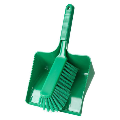 The DUSTPAN SET, SOFT, 350MM from Haug Bürsten KG is a green dustpan and brush set made of plastic with soft bristles, ribbed handles, and matching bristles. The brush fits exactly into the 350mm dustpan.