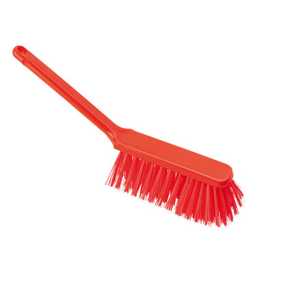 The HAND BROOM from Haug Bürsten KG, ø 0.50MM, hard, 310x40x45MM, with a long handle and dense angled bristles made of red plastic is depicted against a white background.