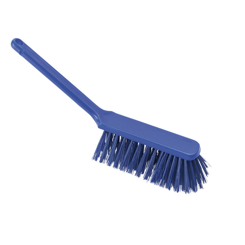 The HAND BRUSH from Haug Bürsten KG has hard PBT bristles (ø 0.50 mm) and a long handle, size 310x40x45 mm, here in blue on a white background.
