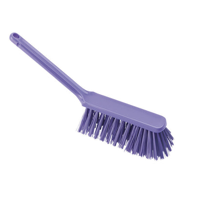 The HAND BROOM ø 0.50MM HARD 310x40x45MM from Haug Bürsten KG is a purple plastic cleaning tool with a long handle and stiff bristles, ideal for tough jobs and depicted on a white background.