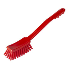 The HANDLE BRUSH, PBT HARD 400X48X35MM from Haug Bürsten KG is a red cleaning brush made of robust plastic with a long handle, hard PBT bristles, and a hanging opening - ideal for cleaning dishes and surfaces.