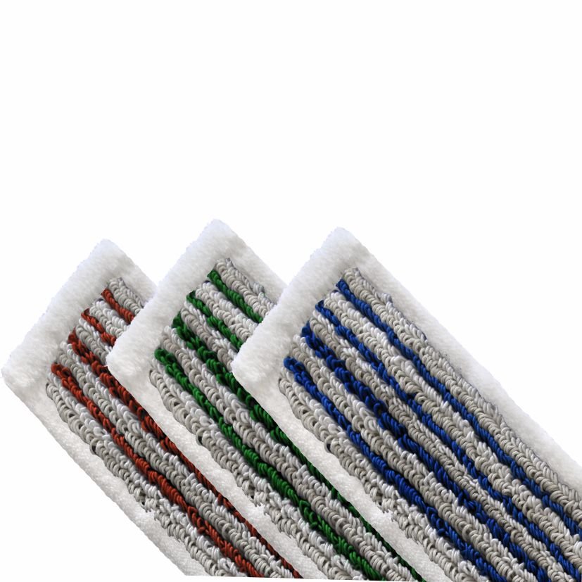 Three Arcora flat press mops red (40 cm) from Arcora International GmbH are pictured side by side, each with a white border and red, green, and blue stripes on a gray and white background - ideal for hygienic cleaning in hospitals.