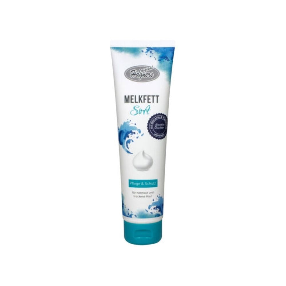 A white-turquoise tube labeled "Melkfett Soft" by Altruan features a floral design that highlights the benefits of care for normal to sensitive skin types. The turquoise cap complements the swirl graphic, while the German text emphasizes the vegan formulation.